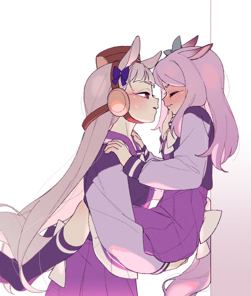 2girls against_wall animal_ears blush bow brown_hat closed_eyes closed_mouth ear_bow full-face_blush ggubii0225 gold_ship_(umamusume) grey_hair hand_on_another&#039;s_cheek hand_on_another&#039;s_face hands_on_another&#039;s_shoulders hat highres horse_ears horse_girl horse_tail imminent_kiss lifting_person long_hair long_sleeves looking_at_another mejiro_mcqueen_(umamusume) multiple_girls parted_lips purple_hair purple_shirt purple_skirt purple_socks red_eyes school_uniform shirt skirt socks standing sweatdrop tail tracen_school_uniform umamusume wavy_mouth white_background yuri