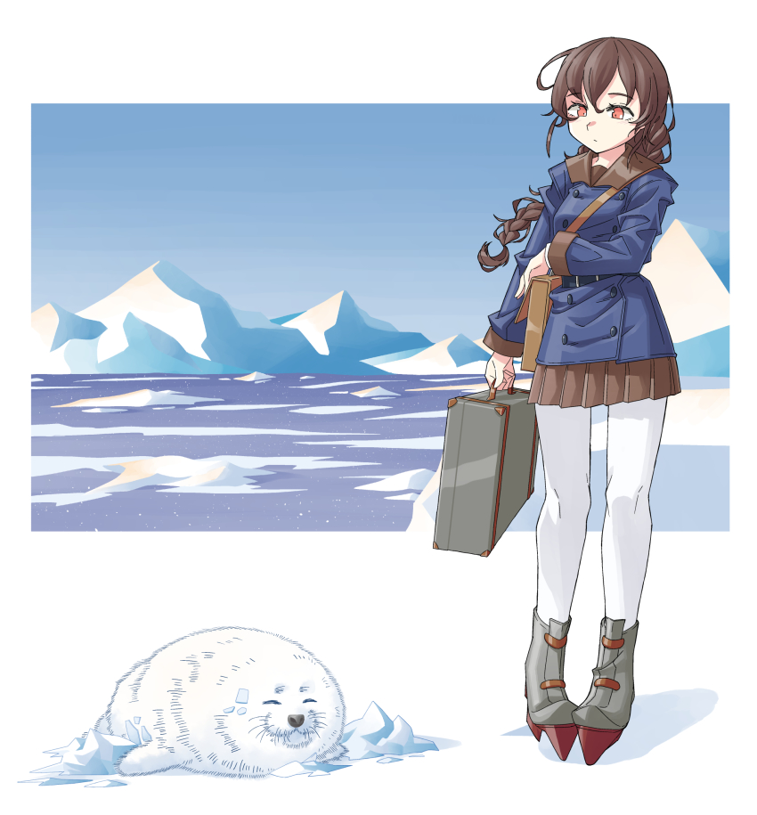 1girl animal bag blue_jacket boots braid brown_hair brown_skirt buttons closed_eyes closed_mouth day double-breasted glacier highres holding ice jacket kantai_collection kazh_(kazu) long_hair long_sleeves orange_eyes outdoors pantyhose pleated_skirt rudder_footwear seal_(animal) single_braid skirt souya_(kancolle) standing suitcase water whiskers white_pantyhose