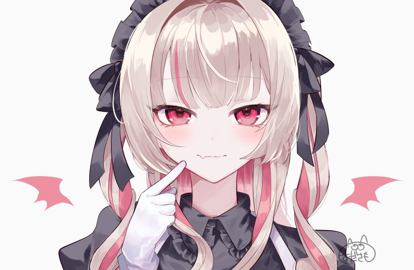 1girl black_shirt blush brown_hair closed_mouth commentary fang gloves hashtag-only_commentary heart heart_in_eye highres long_hair looking_at_viewer maid_headdress makaino_ririmu makaino_ririmu_(5th_costume) multicolored_hair nijisanji pink_eyes pink_hair pink_wings shirt signature simple_background skin_fang solo streaked_hair sudasamo symbol_in_eye two-tone_hair virtual_youtuber white_background white_gloves wings