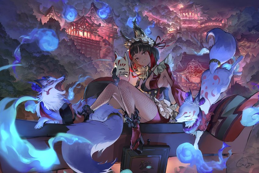 1girl nanashi_inc. animal_ear_fluff animal_ears animare architecture black_hair blunt_bangs breasts cleavage commentary_request fishnets fox frills gigapuri gloves grin holding holding_mask inari_kuromu kuromu_channel long_sleeves looking_at_viewer mask medium_breasts mole mole_under_eye multicolored_hair open_mouth outdoors partially_fingerless_gloves platform_clogs platform_footwear red_eyes red_hair scenery sideboob sitting smile streaked_hair virtual_youtuber