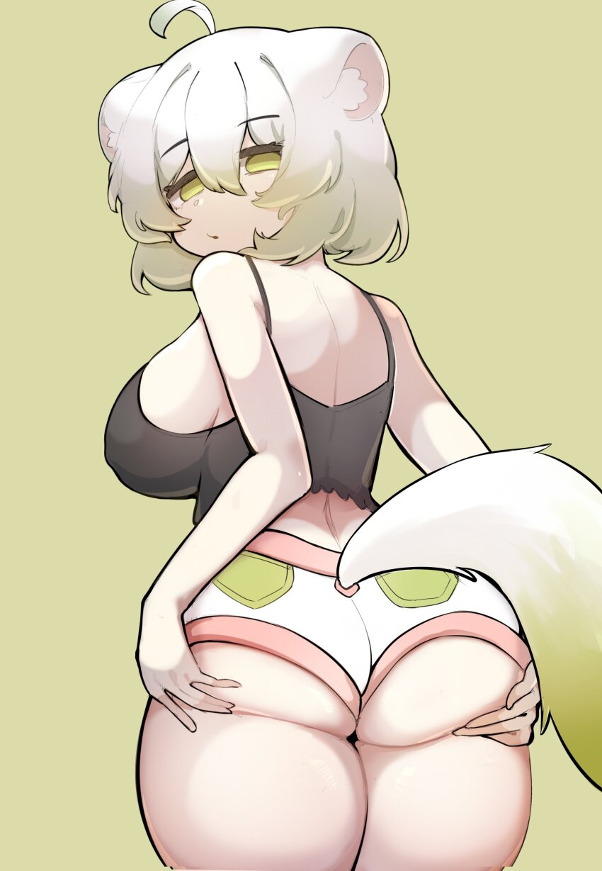 1girl absurdres ahoge animal_ears ass black_bra bra breasts closed_mouth cowboy_shot ferret_ears ferret_girl ferret_tail from_behind gradient_hair green_background green_eyes green_hair hair_between_eyes half-closed_eyes hands_on_own_ass highres indie_virtual_youtuber laimu_(vtuber) laimu_(vtuber)_(cozy) large_breasts looking_at_viewer looking_back multicolored_hair sae_art short_hair shorts sideboob simple_background solo two-tone_hair underwear variant_set vinesauce virtual_youtuber white_hair white_shorts