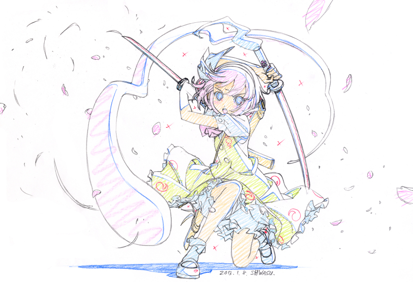 1girl arm_behind_head ascot bloomers blue_eyes circle_skirt collared_shirt commentary_request dated determined dot_nose dual_wielding fighting_stance floating_clothes floating_hair frilled_skirt frilled_socks frills full_body furrowed_brow ghost graphite_(medium) green_skirt green_vest hair_ribbon hairband highres hitodama_print holding holding_sword holding_weapon katana konpaku_youmu konpaku_youmu_(ghost) limited_palette mary_janes medium_skirt on_one_knee open_mouth petals pink_ascot pink_hair pleated_skirt puffy_short_sleeves puffy_sleeves ribbon scabbard shadow sheath shirt shiwasu_takashi shoes short_hair short_sleeves signature simple_background skirt skirt_set socks solo sparkle sword tareme teeth touhou traditional_media underwear upper_teeth_only vest wakizashi weapon white_background white_bloomers white_hairband white_ribbon white_shirt white_shoes white_socks