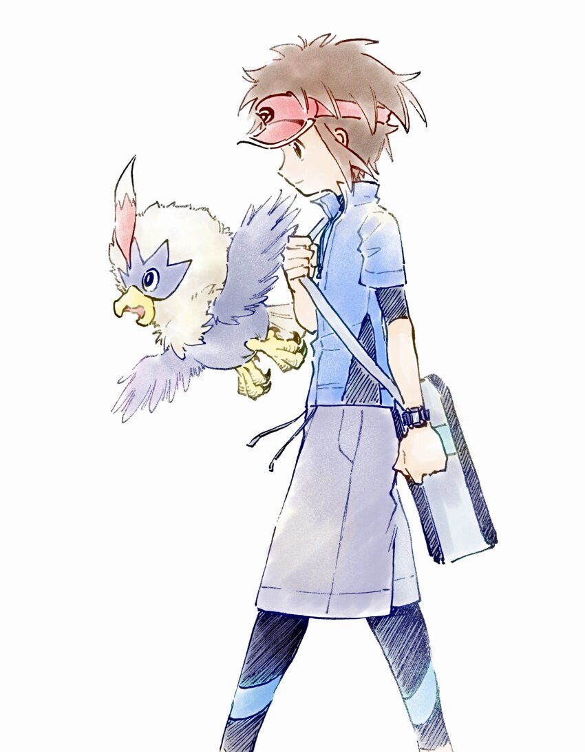 1boy absurdres bag blue_jacket bodysuit bodysuit_under_clothes brown_hair closed_mouth commentary_request from_side gen_5_pokemon grey_bag grey_shorts hand_up highres holding_strap jacket male_focus nate_(pokemon) nintendo pokemon pokemon_(creature) pokemon_bw2 rufflet short_hair shorts shoulder_bag simple_background standing tan_carbonnn visor_cap white_background