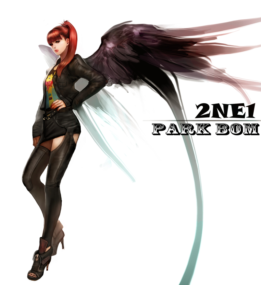 1girl 2ne1 belt black_thighhighs bom_(2ne1) character_name copyright_name female_focus gd_choco hand_on_own_hip high_heels highres jacket k-pop long_hair looking_at_viewer miniskirt musician nail_polish ponytail realistic red_hair shoes simple_background skirt solo standing straight_hair thighhighs toeless_legwear toenail_polish toenails toes wings zettai_ryouiki