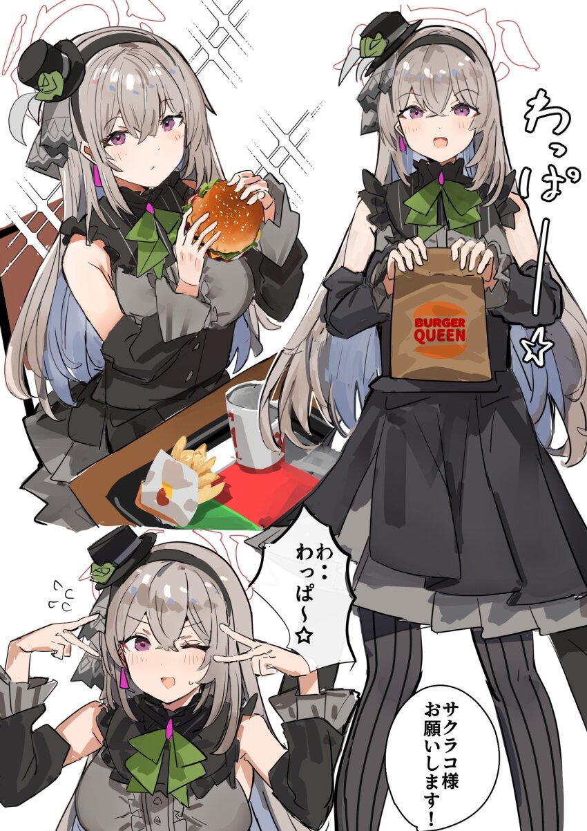 1girl ascot black_hat black_headband blue_archive breasts burger commentary_request crossed_bangs detached_sleeves double_inward_v flower flower_hat food green_ascot green_flower green_rose grey_hair halo hat headband highres holding holding_burger holding_food idol_clothes long_hair looking_at_viewer mini_hat mini_top_hat official_alternate_costume one_eye_closed open_mouth purple_eyes rose sakurako_(blue_archive) sakurako_(idol)_(blue_archive) solo the_olphy top_hat translation_request v v_over_eye