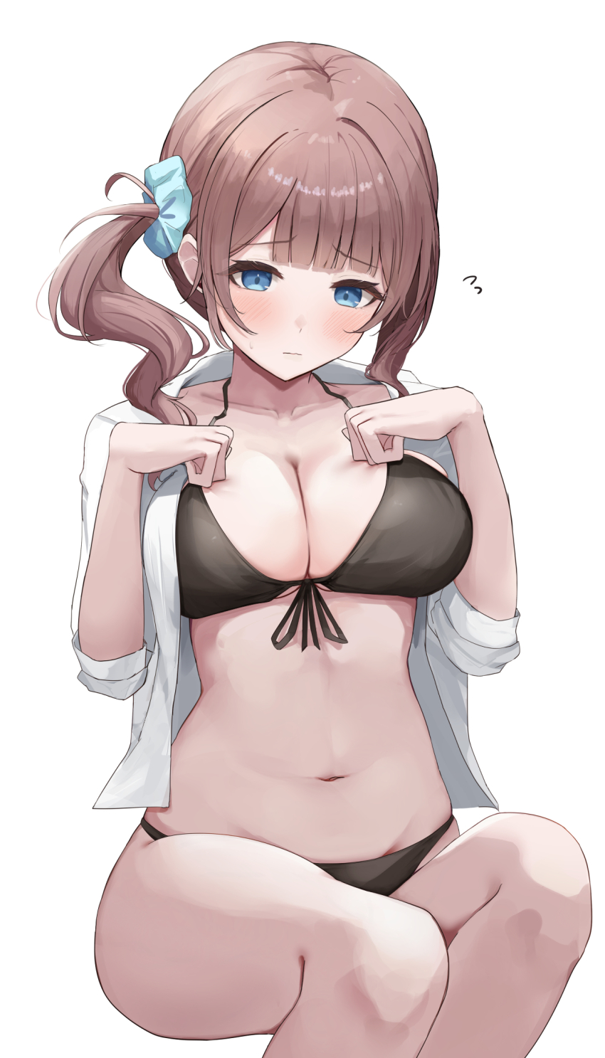 1girl bikini black_bikini blue_eyes blunt_bangs blush breasts brown_hair cleavage collarbone commentary flying_sweatdrops front-tie_bikini_top front-tie_top furrowed_brow hand_on_own_chest hands_up highres kunizaki large_breasts long_hair looking_ahead mochizuki_honami navel open_clothes open_shirt project_sekai shirt side_ponytail simple_background sitting solo stomach sweatdrop swimsuit thighs wavy_mouth white_background white_shirt