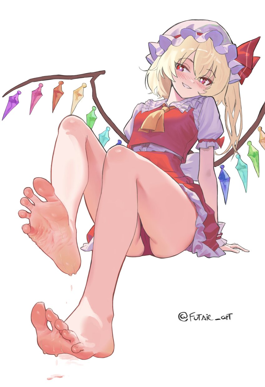 1girl absurdres artist_name bare_legs barefoot blonde_hair blush breasts bright_pupils commentary crossed_bangs crystal_wings dress english_commentary feet flandre_scarlet foot_focus frilled_dress frills full_body futsie futsie_art hair_between_eyes hat highres legs long_hair looking_at_viewer mob_cap multicolored_wings neckerchief one_side_up panties parted_lips puffy_short_sleeves puffy_sleeves red_dress red_eyes red_panties short_dress short_sleeves side_ponytail simple_background sitting small_breasts soles solo spread_toes sweat sweatdrop toenails toes touhou twitter_username underwear white_background white_hat white_pupils wings yellow_neckerchief