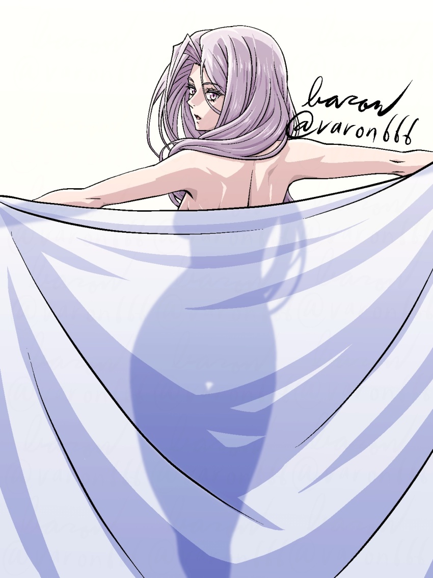 1girl back backboob baron_(varon666) breasts fuuto_tantei highres kamen_rider large_breasts long_hair nude purple_eyes purple_hair bed_sheet solo tokime_(fuuto_tantei) varon