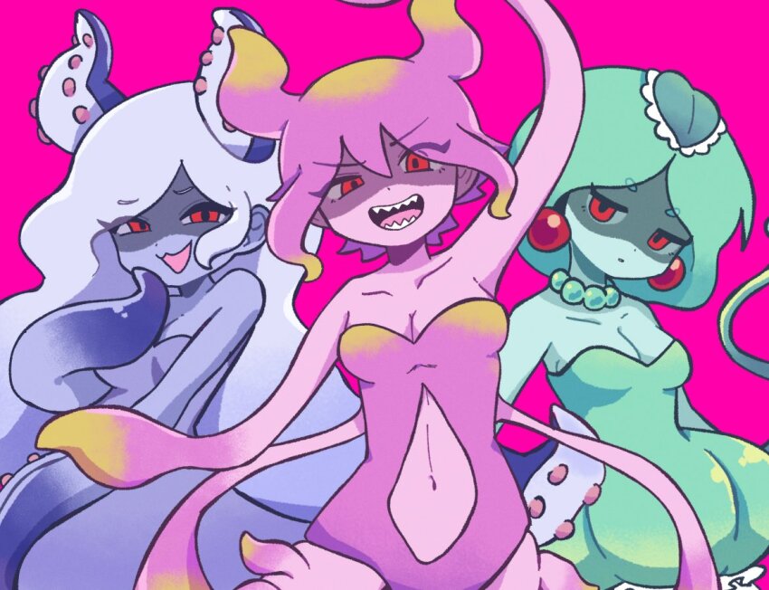 3girls arm_up bare_shoulders blonde_hair blue_skin breasts cleavage clothing_cutout collarbone colored_skin gradient_hair green_skin grey_hair jewelry long_hair looking_at_viewer marina_(omori) medium_breasts medusa_(omori) mewowem_omo molly_(omori) multicolored_hair multiple_girls navel navel_cutout necklace omori open_mouth pink_hair pink_skin red_eyes sharp_teeth short_hair smug teeth tentacle_hair tentacles