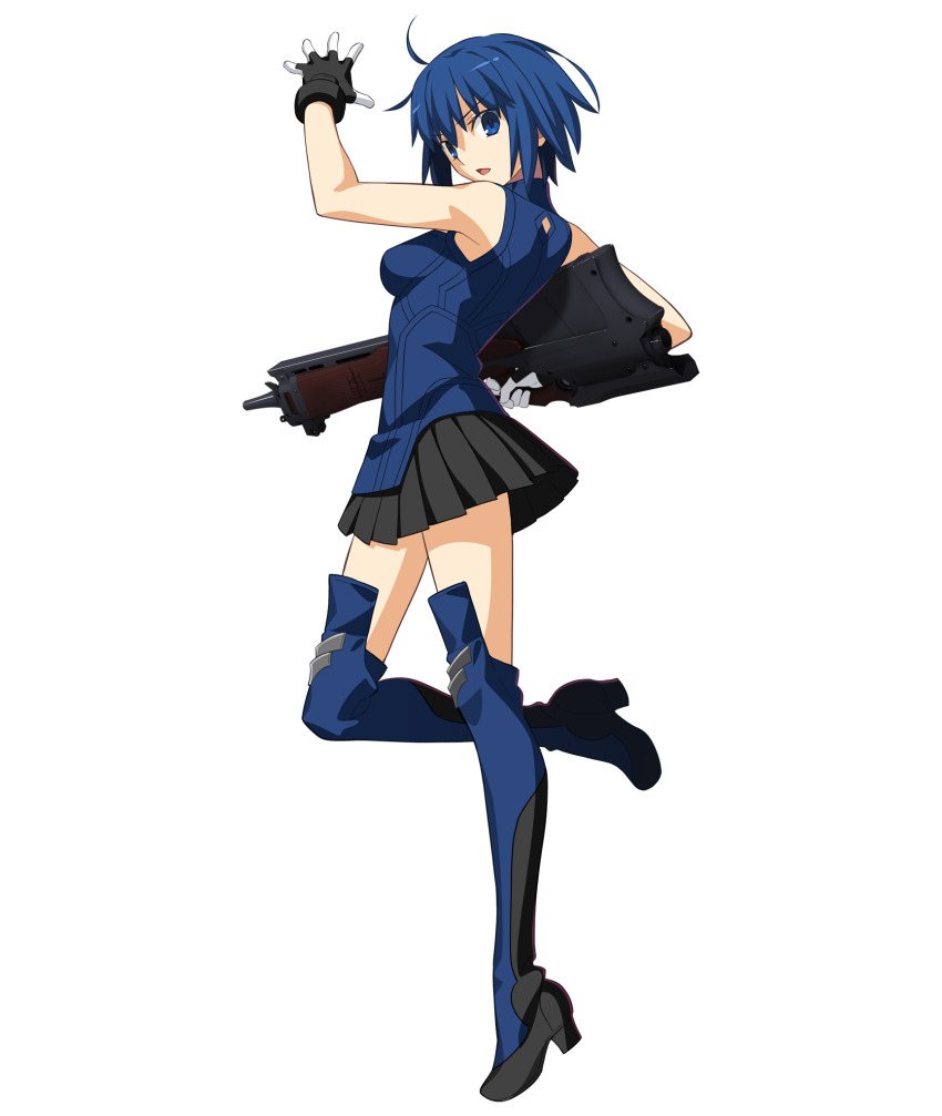 1girl 3d anime_coloring arm_up bare_arms bare_shoulders black_skirt blue_boots blue_collar blue_dress blue_eyes blue_hair blue_pupils boots breasts ciel_(tsukihime) cleavage_cutout clothing_cutout collar collared_dress dress full_body game_cg glove_cuffs gloves gun hair_between_eyes high_heel_boots high_heels highres holding holding_gun holding_weapon huge_weapon index_finger_raised large_breasts looking_at_viewer melty_blood melty_blood:_type_lumina miniskirt multicolored_boots non-web_source official_art open_hand open_mouth pleated_skirt powered_ciel seventh_holy_scripture short_hair sidelighting simple_background skirt sleeveless sleeveless_dress solo tachi-e takeuchi_takashi thigh_boots transparent_background tsukihime tsukihime_(remake) two-tone_boots two-tone_gloves type-moon weapon white_gloves