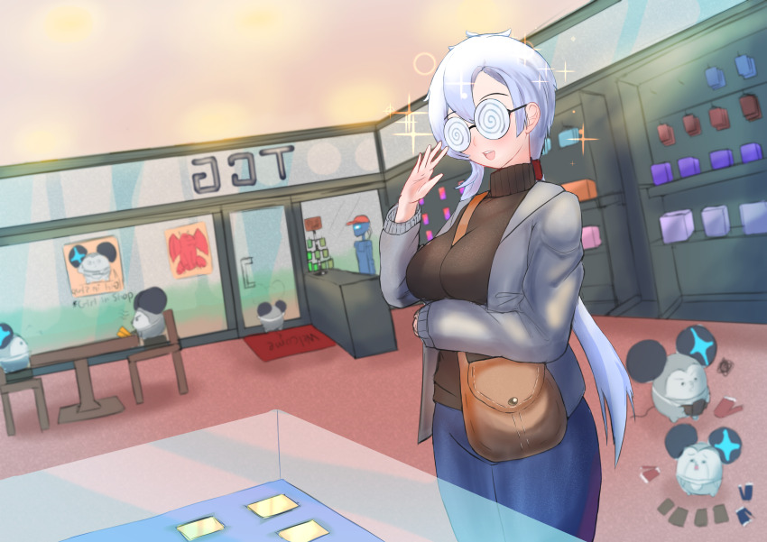 1girl @_@ absurdres between_breasts blue_pants breasts brown_bag brown_sweater card glasses grey_hair grey_jacket highres indoors jacket liora_walkyria long_hair novice-san open_clothes open_jacket open_mouth pants playing_card round_eyewear shop sparkle sweater v&amp;u_entertainment virtual_youtuber