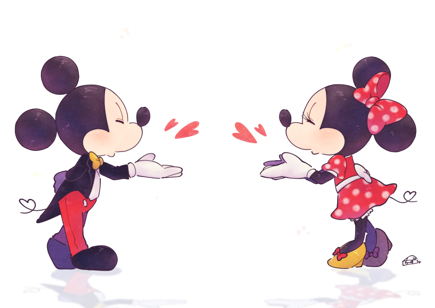 1boy 1girl animal_ears bow dress gloves hair_bow heart highres kiss mickey_mouse mickey_mouse_&amp;_friends minnie_mouse mouse_boy mouse_ears mouse_girl mouse_tail open_mouth polka_dot shirt tail user_cwvk5558 white_gloves