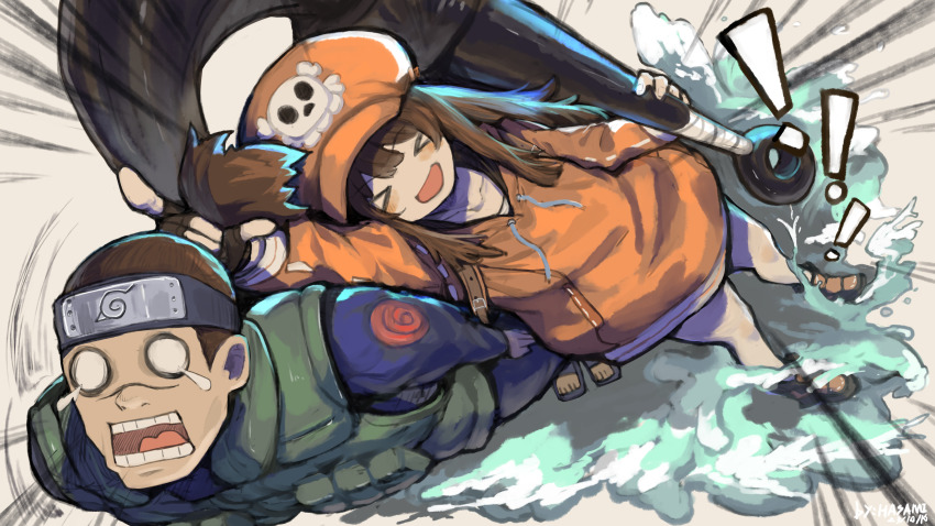 ! !! &gt;_&lt; 1boy 1girl :d absurdres anchor arms_at_sides black_gloves blush blush_stickers brown_hair newsboy_cap collarbone commentary crossover crying d: dated facial_mark facing_viewer fingerless_gloves fingernails forehead_protector gloves grabbing_another&#039;s_hair green_vest guilty_gear guilty_gear_strive hat hat_ornament highres holding holding_anchor hood hoodie hua_ha_jiazi index_finger_raised konohagakure_symbol long_hair may may_(guilty_gear) motion_lines naruto_(series) o_o on_person open_mouth orange_headwear orange_hoodie orange_shoes pirate_hat pointing pointing_forward ponytail sandals scar shoes short_hair short_ponytail sidelocks signature skull_hat_ornament smile streaming_tears symbol-only_commentary tears teeth umino_iruka uzumaki_symbol very_short_hair vest water