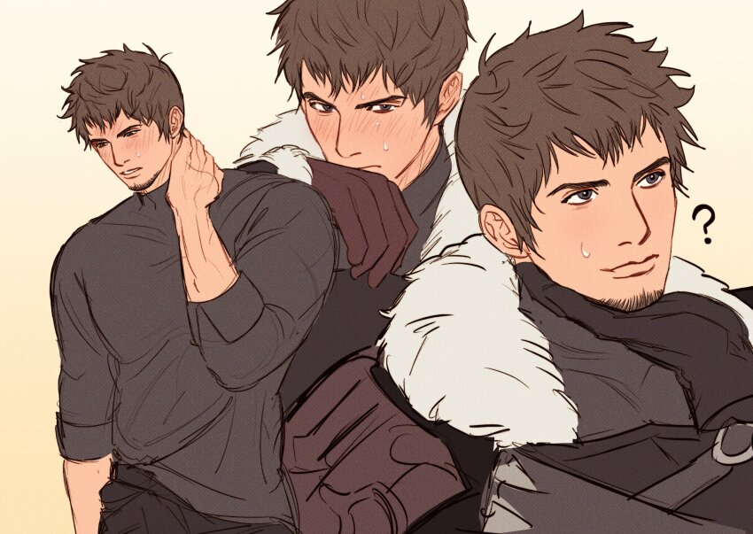 1boy ? ardbert_hylfyst arm_up armor black_shirt blush brown_eyes brown_gloves brown_hair closed_mouth commentary_request doong_24 facial_hair final_fantasy final_fantasy_xiv full-face_blush fur_trim gloves goatee hand_on_own_neck highres hyur korean_commentary leather_armor long_sleeves looking_to_the_side male_focus multiple_views nervous_sweating open_mouth shirt short_hair sideways_glance simple_background sweat teeth white_fur