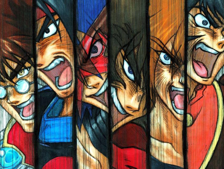 00s 1990s_(style) 6+boys black_hair blue_hair brown_hair crossover domon_kasshu g_gundam getter_robo glasses gundam kabuto_kouji macross macross_7 male_focus manly mazinger_(series) mazinger_z multiple_boys multiple_crossover nagare_ryoma nekki_basara open_mouth retro_artstyle shin_getter_robo shishiou_gai shouting simon_(ttgl) simon_shades tengen_toppa_gurren_lagann trait_connection wrato yuusha_ou_gaogaigar yuusha_series
