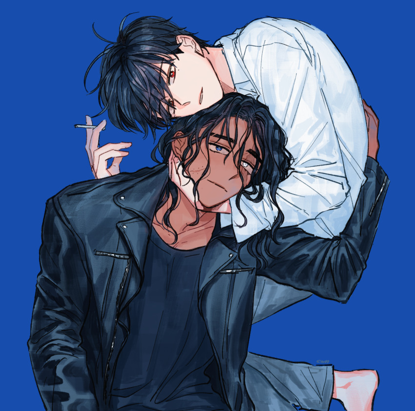 2boys barefoot black_hair blue_background blue_eyes brothers cigarette collared_shirt com_(com0107) dark-skinned_male dark_skin denim half-siblings heterochromia highres holding holding_cigarette jacket jeans leaning leather leather_jacket long_hair looking_at_viewer male_focus mole mole_under_eye multiple_boys original pants parted_lips scar scar_on_face shirt short_hair siblings sitting stitched_face stitches white_eyes