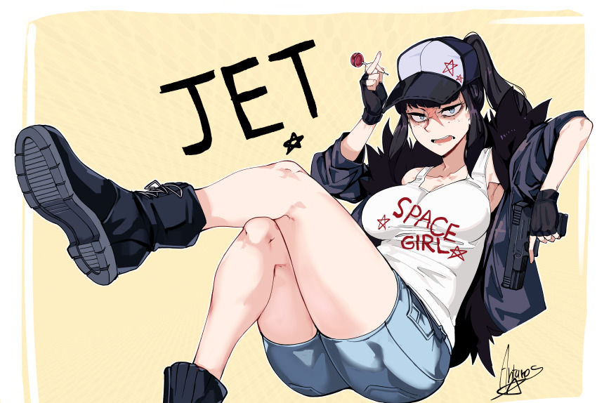1girl absurdres annoyed antares_topaz armpit_peek bare_shoulders baseball_cap black_boots black_fur black_gloves black_hair black_jacket boots border candy character_name collarbone crossed_legs denim denim_shorts english_text fingerless_gloves fingernails food foot_out_of_frame freckles fur_jacket glock gloves gun handgun hat highres holding holding_candy holding_food holding_gun holding_lollipop holding_weapon jacket jet_(star_linker) lollipop long_bangs long_hair looking_at_viewer middle_finger on_floor open_mouth outline pale_skin ponytail scar scar_on_face shirt shoe_soles short_sleeves shorts signature sleeveless sleeveless_shirt solo star_(symbol) star_linker tongue trigger_discipline two-tone_background two-tone_hat weapon white_background white_border white_outline white_shirt yellow_background