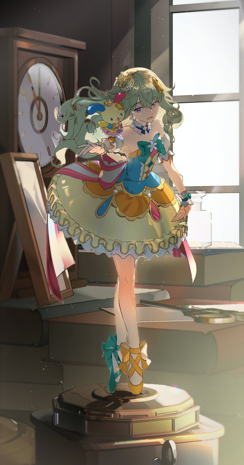 1girl absurdres animal animal_on_arm arm_up asymmetrical_footwear back_bow ballerina ballet ballet_slippers bare_legs bare_shoulders blue_ribbon book book_stack bow bow_flower clock creature crown dancing detached_collar detached_sleeves dress en_pointe floating_hair frilled_dress frills full_body green_bow green_footwear green_hair hashtag-only_commentary head_tilt highres iwatnc kusanagi_nene long_hair looking_at_animal low-tied_sidelocks mini_crown mini_person minigirl mismatched_footwear multicolored_bow multicolored_dress music_box official_alternate_costume open_mouth orange_bow orange_shoes outstretched_arm picture_frame pink_bow pink_ribbon project_sekai puffy_detached_sleeves puffy_sleeves purple_eyes rabbit ribbon sanrio shoes sidelocks smile standing strapless strapless_dress tutu usahana white_sleeves window wrist_cuffs yellow_dress