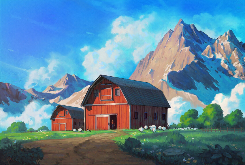 animal architecture barn blue_sky building bush cloud day farm farmer fence field flower grass herd highres landscape mountain mountainous_horizon nature original outdoors plant road robertogatto rock rural scenery sheep sky solo standing studio_ghibli_(style) sunlight tree very_wide_shot
