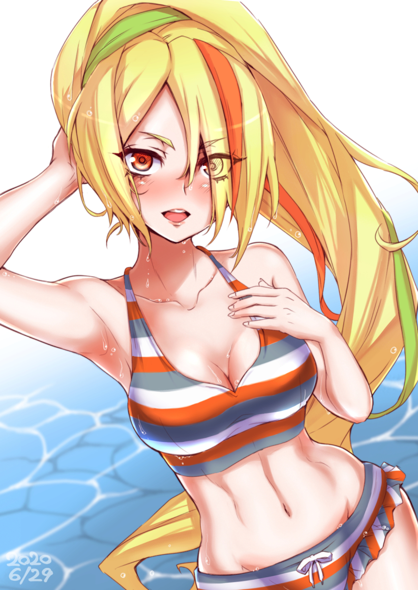 1girl 2020 arm_behind_head armpits bikini blonde_hair blush breasts cleavage dated green_hair groin hair_over_one_eye hand_on_own_chest head_tilt highres long_hair looking_at_viewer medium_breasts multicolored_hair navel nikaidou_saki open_mouth orange_hair ponytail solo striped_bikini striped_clothes sumiosmith swimsuit teeth water yellow_4 yellow_eyes zombie_land_saga