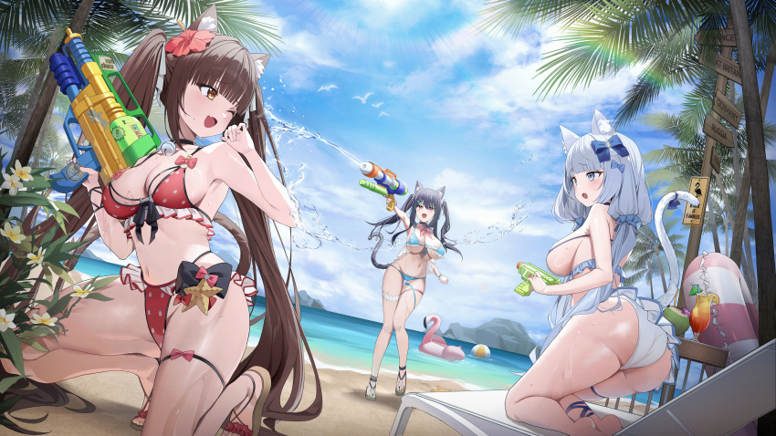 3girls :d ;d absurdres animal_ears ass beach bikini black_hair blue_bikini blue_bow blush bow breasts brown_hair cat_ears cat_fantasy cat_girl cat_tail character_request chocola_(nekopara) commentary_request day flower hair_bow hair_flower hair_ornament highres holding innertube kneeling korean_commentary large_breasts linn_(cat_fantasy) long_hair multiple_girls nagul navel nekopara one_eye_closed open_mouth outdoors red_bikini smile stomach swim_ring swimsuit tail thigh_strap thighs twintails underboob vanilla_(nekopara) very_long_hair water water_gun wet white_bikini white_hair
