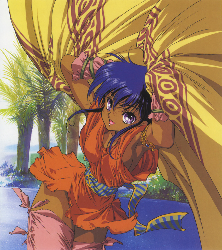 1990s_(style) 1girl armlet arms_up blanket blue_eyes blue_hair cowboy_shot dark-skinned_female dark_skin day female_focus highres jewelry kaze_no_tairiku lakshi miniskirt nature official_art open_mouth outdoors retro_artstyle short_hair skirt sleeveless solo water yuuki_nobuteru