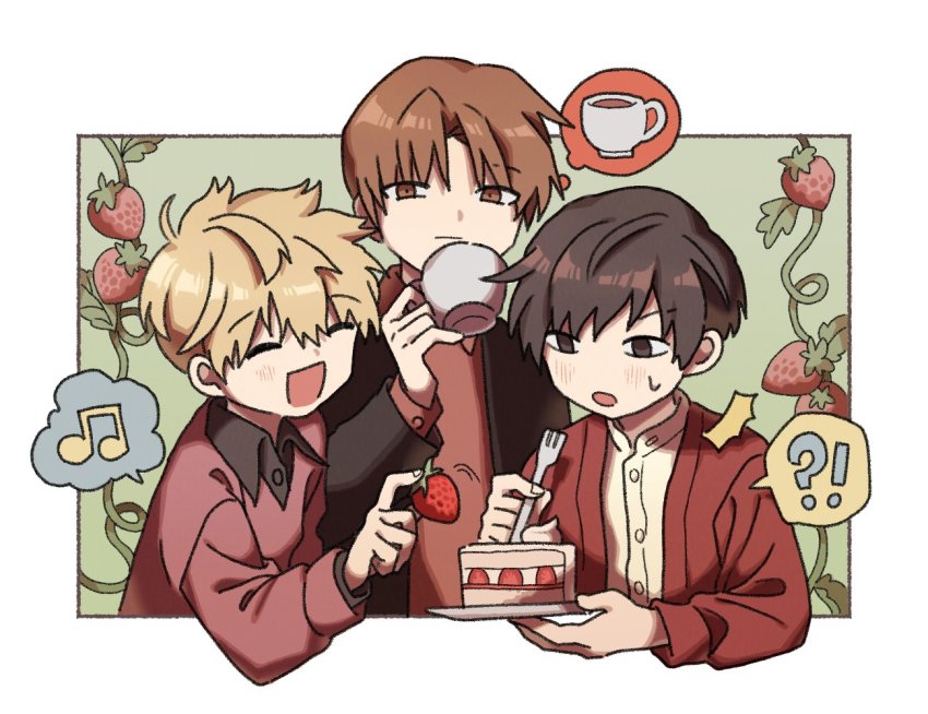 ! &lt;o&gt;_&lt;o&gt; 3boys ? ^_^ black_hair black_jacket blonde_hair blush brown_eyes brown_hair cake cake_slice casual closed_eyes collared_shirt cup drink food fork fruit happy holding holding_cup holding_fork holding_plate inukai_sumiharu jacket leaning_forward long_sleeves male_focus multiple_boys musical_note nana_0253 ninomiya_masataka open_mouth outside_border pink_shirt plant plate red_jacket red_shirt shirt short_hair speech_bubble spoken_exclamation_mark spoken_musical_note spoken_object spoken_question_mark strawberry strawberry_shortcake thought_bubble tsuji_shinnosuke upper_body vines world_trigger