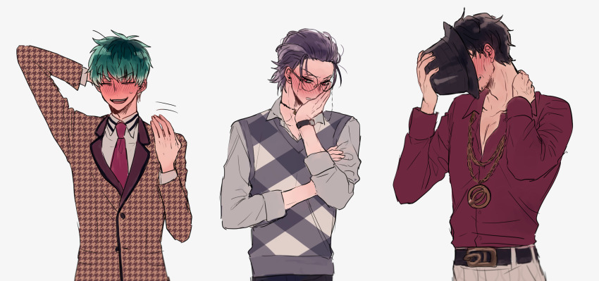 3boys amayado_rei aqua_hair arm_behind_head averting_eyes belt_buckle black_hair blush brown_suit buckle chain chain_necklace closed_eyes collared_shirt covering_face crossed_arms dotsuitare_hompo embarrassed eyewear_strap facial_hair formal_clothes full-face_blush furrowed_brow glasses hair_slicked_back hand_on_own_face hand_on_own_neck hat highres houndstooth hypnosis_mic jewelry loose_hair_strand multicolored_hair multiple_boys necklace necktie nervous nervous_smile nurude_sasara pants partially_unbuttoned pectoral_cleavage pectorals plaid_clothes plaid_sweater_vest purple_hair red_eyes red_necktie red_shirt round_eyewear shirt short_hair shy sleeves_rolled_up smile streaked_hair suit sweatdrop sweater_vest tsutsujimori_rosho unworn_hat unworn_headwear upper_body v-shaped_eyebrows watch waving_hands white_pants white_shirt wispy_bangs wristwatch zy_(dondokodo-mu)