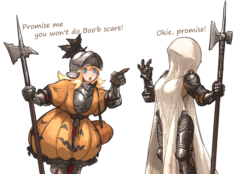 2girls armor armor_under_clothes bed_sheet blonde_hair cuisses ebenholz_(ironlily) english_text gauntlets ghost_costume perlweiss_(ironlily) halloween_costume helmet highres holding holding_polearm holding_weapon ironlily jack-o&#039;-lantern leg_armor multiple_girls naked_armor original polearm pumpkin pumpkin_costume rerebrace simple_background ebenholz_(ironlily) visor_lift war_hammer weapon