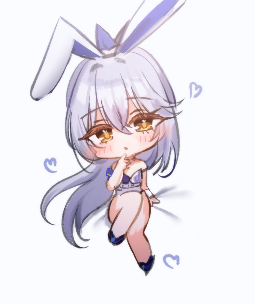 1girl alternate_costume animal_ears blush_stickers chibi chibi_only commentary counter:side fake_animal_ears finger_to_face full_body gaeun_(counter:side) hair_between_eyes head_tilt heart highres invisible_chair kim_geubung leotard long_hair looking_at_viewer playboy_bunny rabbit_ears second-party_source simple_background sitting solo straight-on white_background white_hair yellow_eyes