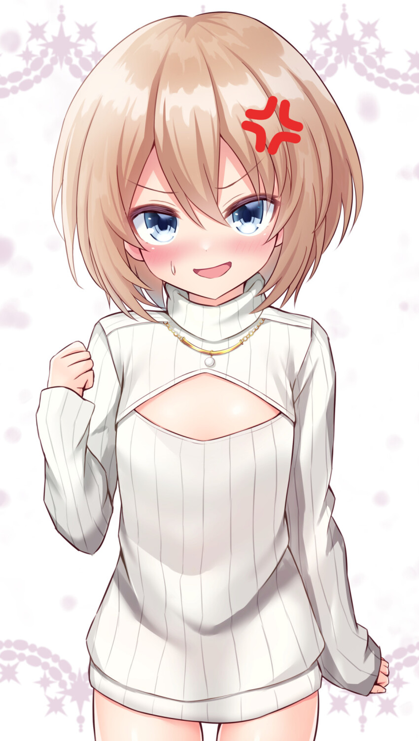 1girl anger_vein blanc_(neptunia) blue_eyes blush brown_hair cleavage_cutout clothing_cutout commentary_request cowboy_shot eima flat_chest hair_between_eyes highres jewelry long_sleeves looking_at_viewer necklace neptune_(series) open-chest_sweater open_mouth ribbed_sweater short_hair solo sweat sweater turtleneck turtleneck_sweater v-shaped_eyebrows white_sweater