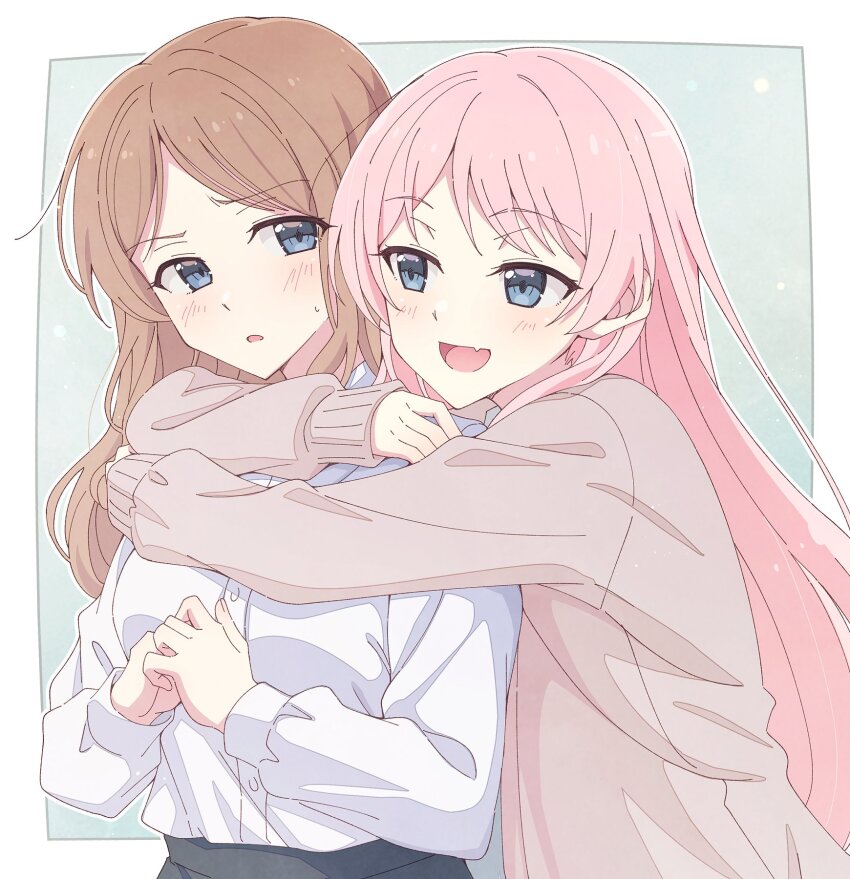 2girls bang_dream! bang_dream!_it&#039;s_mygo!!!!! blush border brown_cardigan brown_hair cardigan chihaya_anon commentary dress_shirt e20 fang green_background grey_eyes highres hug hug_from_behind long_hair long_sleeves multiple_girls nagasaki_soyo open_mouth outside_border pink_hair shirt skin_fang sweatdrop upper_body white_border white_shirt yuri
