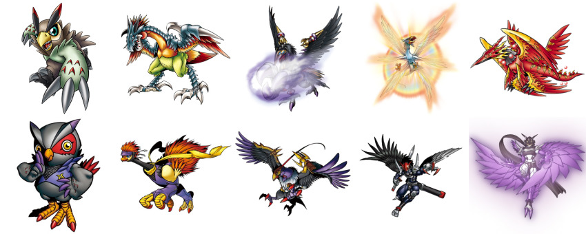 bird diatrymon digimon digimon_savers digimon_survive evolution evolutionary_line falcomon falcomon_(digimon_savers) highres ninja official_art peckmon ravmon ravmon_burst_mode simple_background sword valdurmon weapon white_background wings yatagaramon yatagaramon_(digimon_savers) yatagarasu_(mythology) zhuqiaomon