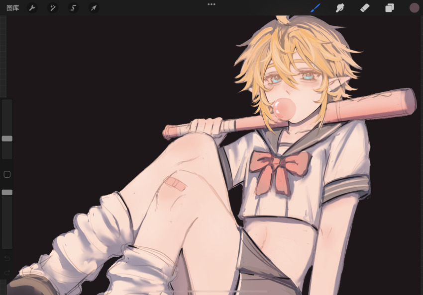 1boy ahoge alternate_costume aotu_world bandaid bandaid_on_knee bandaid_on_leg baseball_bat black_background blonde_hair blowing_bubbles blue_eyes bow bowtie chewing_gum crop_top crossdressing hair_between_eyes highres holding holding_baseball_bat king_(aotu_world) looking_at_viewer male_focus midriff nail nail_(hardware) nail_bat plutoray pointy_ears red_bow red_bowtie sailor_collar school_uniform serafuku shirt short_hair short_sleeves simple_background sitting skirt socks solo white_shirt white_socks