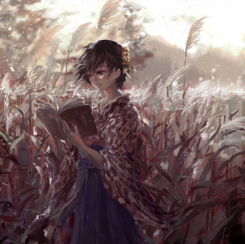 10s 1girl bokura_wa_minna_kawaisou book brown_eyes brown_hair commentary dark female_focus flower hair_flower hair_ornament hakama hakama_skirt japanese_clothes kawai_ritsu meiji_schoolgirl_uniform open_book outdoors reading short_hair skirt solo stu_dts taishou_era wind yagasuri
