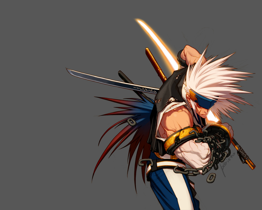 00s blademaster chain cuffs dungeon_and_fighter energy_sword grand_master_(dungeon_and_fighter) headband highres katana male_slayer_(dungeon_and_fighter) muscular scar shackles slayer_(dungeon_and_fighter) sword torn_clothes vest weapon weapon_master_(dungeon_and_fighter) white_arm white_hair wild_hair
