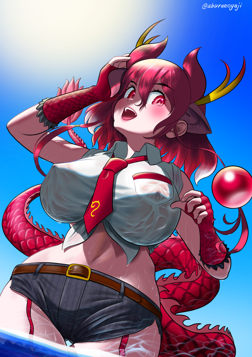 1girl absurdres aburaeoyaji animal_ears arm_up bare_shoulders belt blue_sky blush breast_pocket breasts brown_belt collared_shirt covered_erect_nipples cowboy_shot day denim denim_skirt dragon_ears dragon_girl dragon_horns dragon_tail dutch_angle extra_ears fingerless_gloves garter_straps gloves hair_between_eyes hair_horns hand_up highres horns impossible_clothes impossible_shirt kemono_friends kemono_friends_3 large_breasts lips looking_at_viewer medium_hair midriff multicolored_hair multicolored_horns multiple_horns navel necktie nipples no_bra open_mouth outdoors pink_eyes pink_hair pocket print_gloves red_dragon_(kemono_friends) red_garter_straps red_horns red_necktie scale_print see-through_clothes see-through_shirt shirt short_shorts shorts skirt sky sleeveless sleeveless_shirt smile solo stomach sun tail thigh_gap tied_shirt traditional_media two-tone_hair wading water wet wet_clothes wet_shirt white_hair white_shirt wing_collar yellow_horns