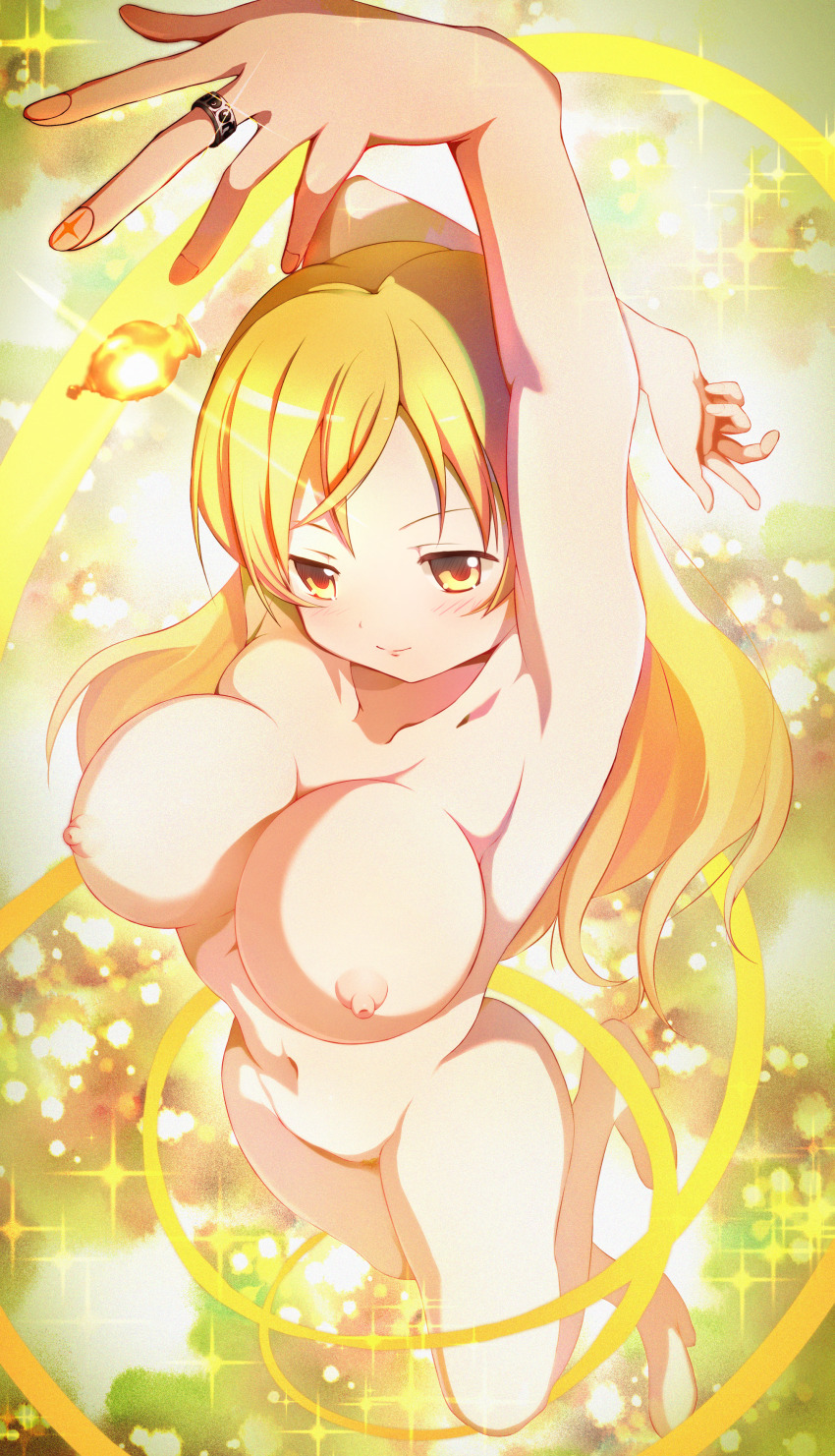 1girl absurdres blonde_hair breasts collarbone dai_toro female_pubic_hair hair_down henshin highres jewelry large_breasts looking_at_viewer magical_girl mahou_shoujo_madoka_magica mahou_shoujo_madoka_magica_(anime) navel nipples no_toes nude pubic_hair ring solo soul_gem tomoe_mami yellow_eyes