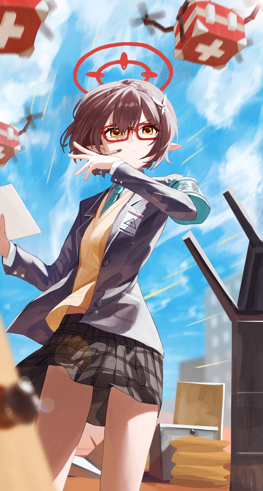 1girl absurdres armband ayane_(blue_archive) black_hair black_jacket black_skirt blue_archive blue_armband blue_necktie blue_sky braid buttons chinese_commentary commentary cowboy_shot crown_braid day drone eyebrows_hidden_by_hair fighting_stance glasses hair_between_eyes halo hands_up highres jacket long_sleeves looking_ahead miniskirt motion_blur motion_lines necktie open_clothes open_jacket outdoors parted_lips plaid_clothes plaid_skirt pleated_skirt pointy_ears re_naya red-framed_eyewear red_halo school_uniform serious short_hair skirt sky solo standing sweater_vest v-shaped_eyebrows yellow_sweater_vest