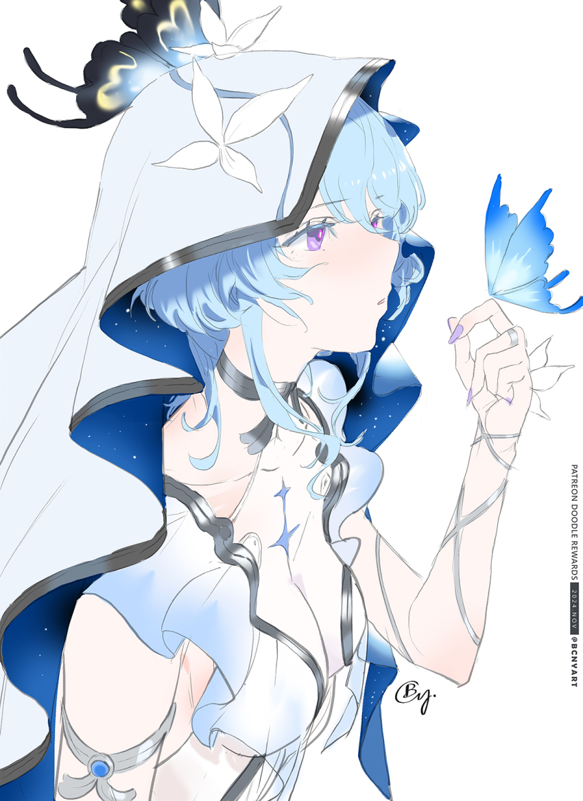 1girl animal b.c.n.y. blue_eyes blue_veil breasts bug butterfly cleavage highres insect looking_at_animal medium_breasts purple_eyes shorekeeper_(wuthering_waves) solo veil wuthering_waves