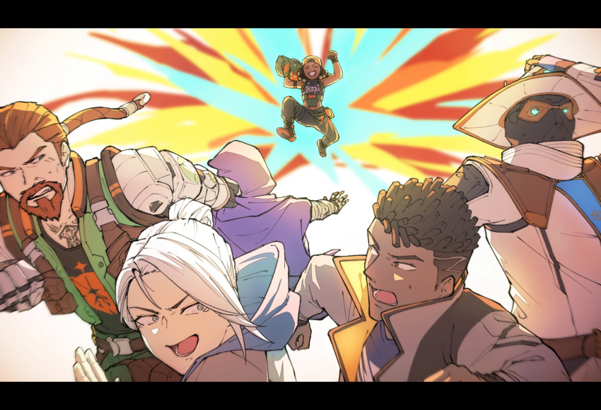 1girl 4boys animification backwards_hat baseball_cap black_hair blue_eyes breach_(valorant) clenched_hands cypher_(valorant) dark-skinned_female dark-skinned_male dark_skin dreadlocks explosion facial_hair goatee grey_jacket hat hood jacket jett_(valorant) mechanical_arms multiple_boys omen_(valorant) open_mouth orange_hair phoenix_(valorant) ponytail raze_(valorant) running senpi silver_hair undercut v-shaped_eyebrows valorant white_headwear