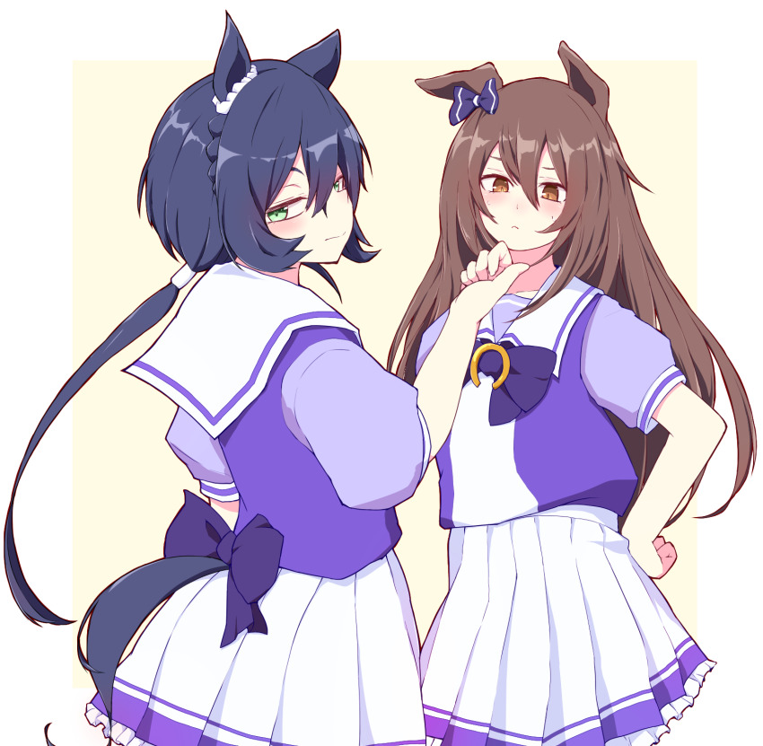 2girls animal_ears black_hair bow bowtie braid brown_eyes brown_hair commentary crown_braid deep_impact_(umamusume) frilled_skirt frills from_side green_eyes hair_between_eyes highres horse_ears horse_girl horse_tail horseshoe_ornament kin&#039;iro_ryotei_(umamusume) long_hair looking_at_viewer low_ponytail multiple_girls okumari pleated_skirt ponytail puffy_short_sleeves puffy_sleeves purple_bow purple_bowtie purple_shirt sailor_collar sailor_shirt school_uniform serafuku shirt short_sleeves skirt summer_uniform tail tracen_school_uniform umamusume white_skirt