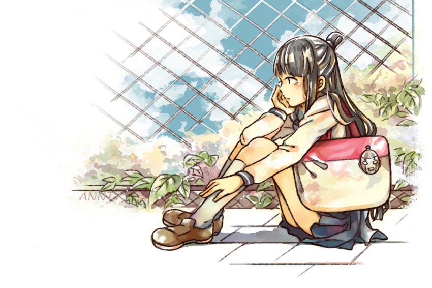 1girl ace_attorney annty artist_name bag black_hair blue_skirt blue_sky brown_shoes chain-link_fence cloud day female_focus fence hand_on_own_chin handbag kneehighs long_hair maya_fey outdoors plant school_uniform shadow shoes sitting skirt sky socks solo steel_samurai white_socks
