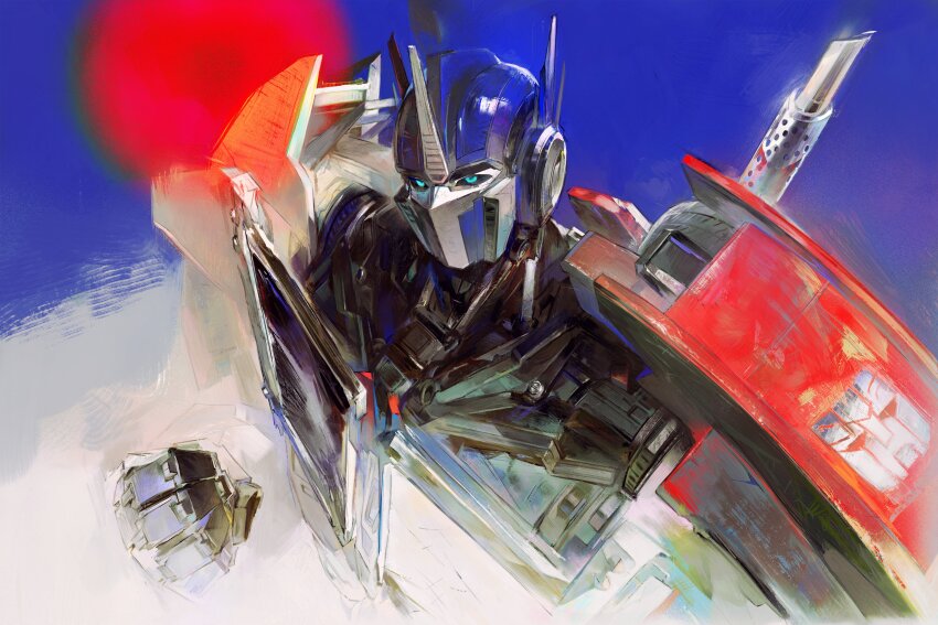 1boy absurdres arm_up autobot black_sclera blue_eyes clenched_hand colored_sclera copyright_request highres humanoid_robot looking_ahead male_focus optimus_prime phsm robot solo transformers transformers_prime upper_body
