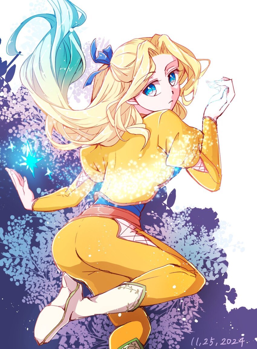 1girl ass blonde_hair blue_eyes blue_ribbon blue_shirt celes_chere crystal dated final_fantasy final_fantasy_vi ginshachi hair_ornament hair_ribbon highres juliet_sleeves long_hair long_sleeves looking_at_viewer lying official_alternate_costume on_back pants parted_bangs puffy_sleeves ribbon shirt simple_background solo white_footwear yellow_pants