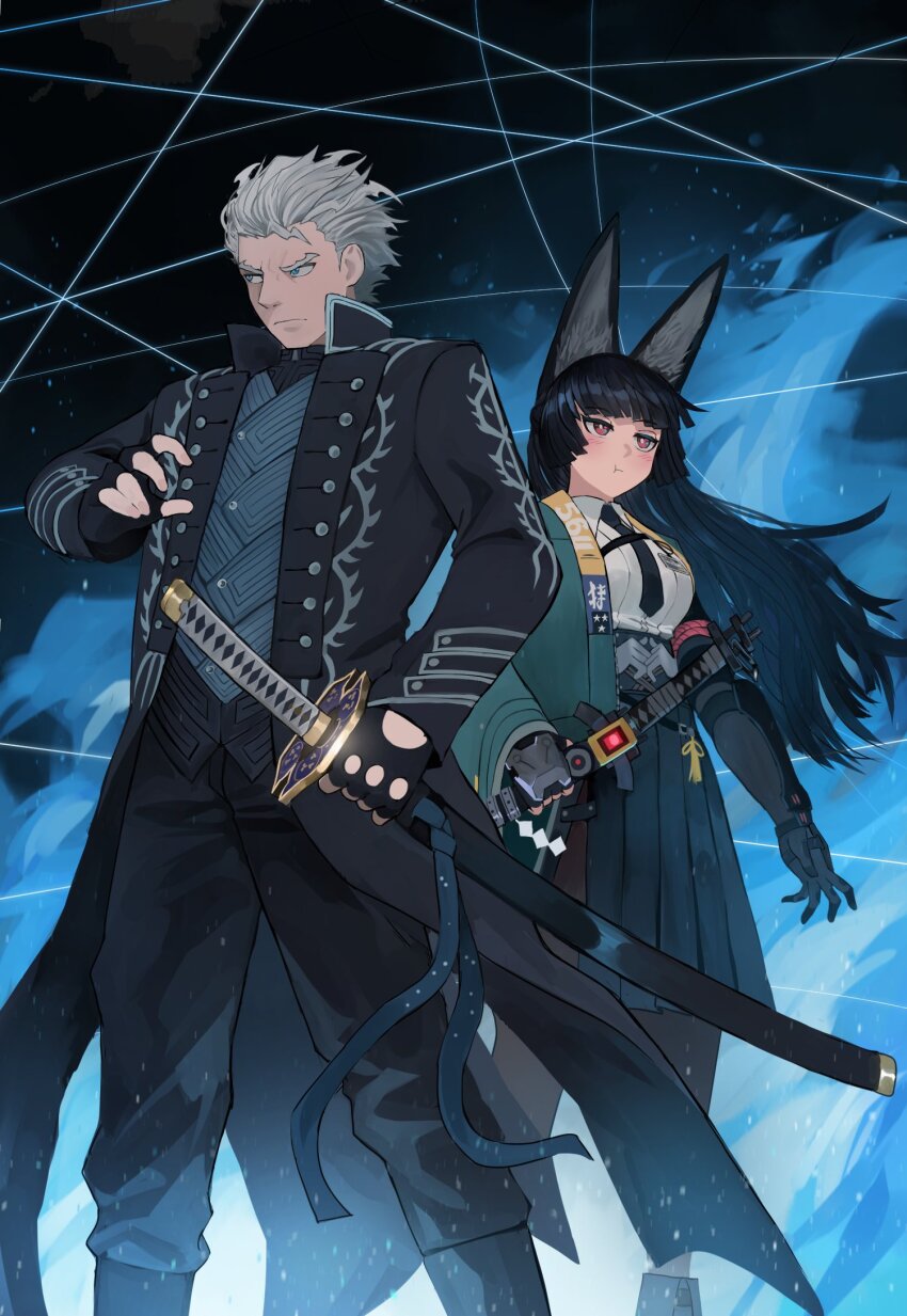 1boy 1girl black_hair blue_fire crossover devil_may_cry_(series) fingerless_gloves fire gloves highres holding holding_sword holding_weapon hoshimi_miyabi jourd4n katana long_hair sheath sheathed short_hair sword trait_connection vergil_(devil_may_cry) weapon white_hair yamato_(sword) zenless_zone_zero