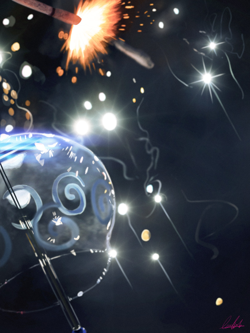 absurdres banishment commentary_request highres lit_fuse no_humans original scenery signature smoke sparks wind_chime wind_chime_focus