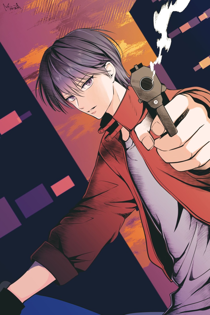1boy absurdres firing gun hagiri_kaname handgun highres holding holding_gun holding_weapon jacket looking_at_viewer minato_x3710 purple_eyes red_jacket short_hair solo weapon yuu_yuu_hakusho