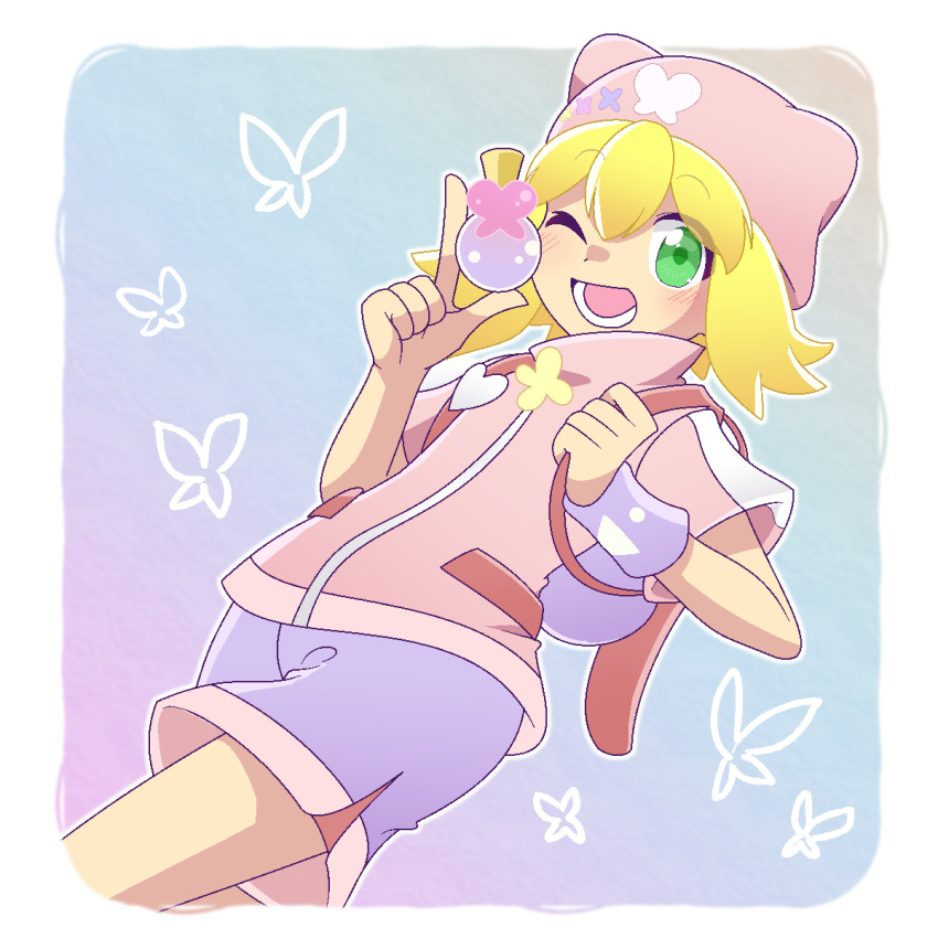 1girl ;d amitie_(happy_fairy)_(puyopuyo) amitie_(puyopuyo) animal_ear_headwear animal_ears backpack bag beanie blonde_hair blue_background border brooch cowboy_shot doodle_inset double-parted_bangs dutch_angle fake_animal_ears flipped_hair flower_brooch gradient_background green_eyes hands_up happy hat heart heart_brooch high_collar highres holding holding_bag holding_strap index_finger_raised jacket jaggy_lines jewelry karen_(1217karen) looking_at_viewer lower_teeth_only official_alternate_costume one_eye_closed open_mouth outline outside_border pink_hat pink_jacket purple_background purple_shorts puyopuyo puyopuyo_quest rounded_corners short-sleeved_jacket short_hair short_sleeves shorts sideways_glance simple_butterfly smile solo teeth white_border white_outline zipper
