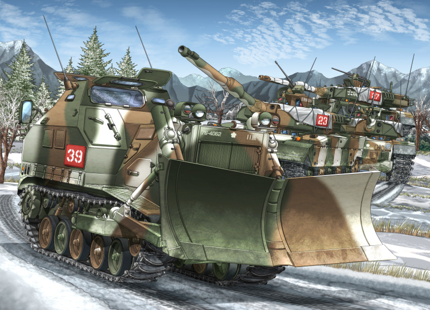 bare_tree blue_sky bulldozer caterpillar_tracks cloud commentary commentary_request day gun heavy_machine_gun highres japan_ground_self-defense_force japan_self-defense_force machine_gun mikeran_(mikelan) military military_vehicle motor_vehicle mountain no_humans original outdoors partial_commentary radio_antenna road sky snow tank tree type_75_dozer type_90_(tank) vehicle_focus weapon winter